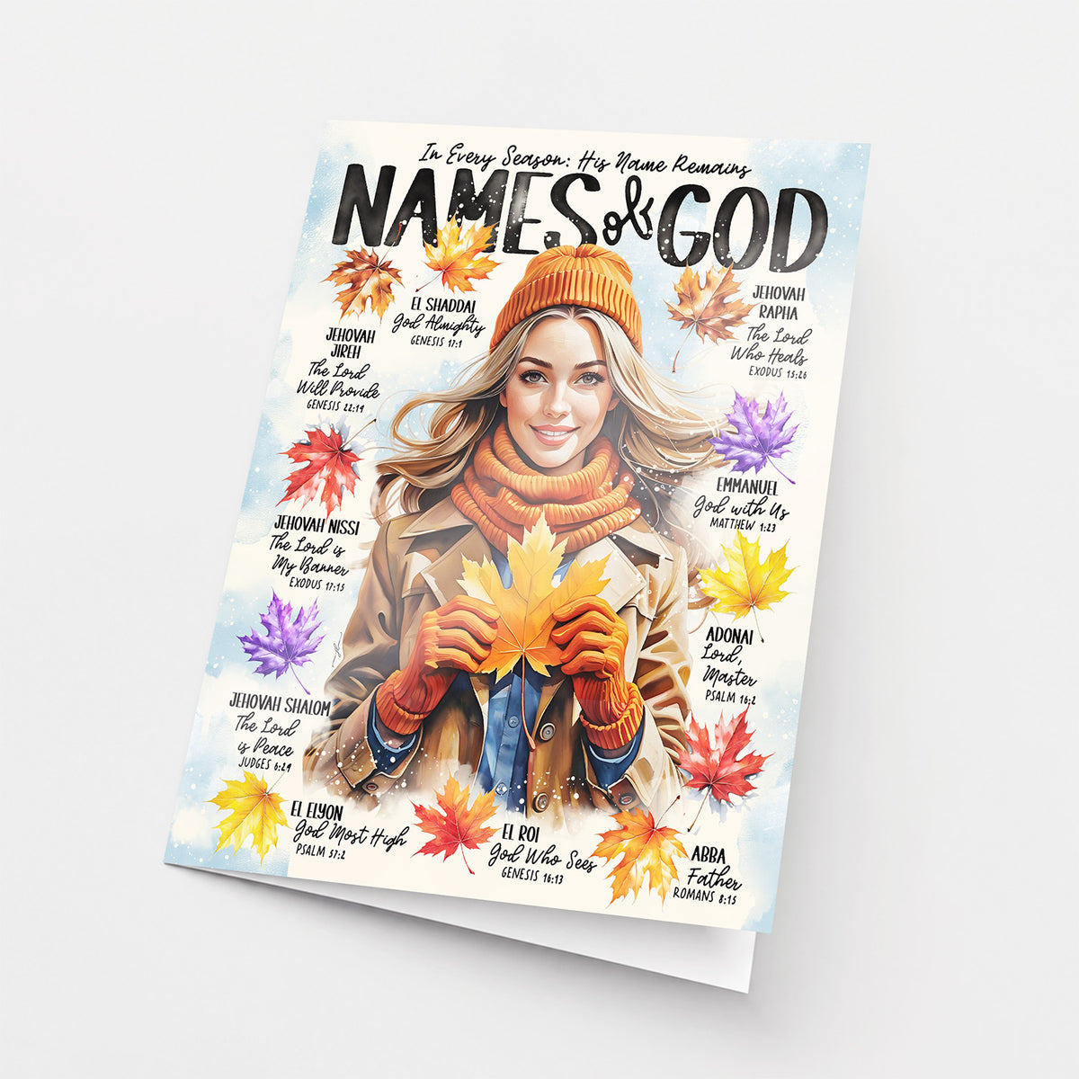 Names of God with Fall Leave • Fall • Scripture Prompt • Fine Art Christian Greeting Card