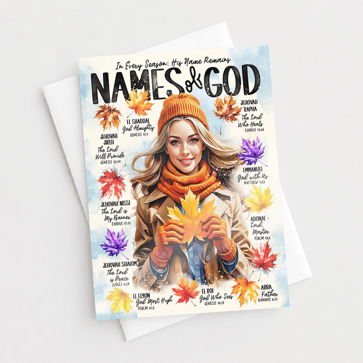 Names of God with Fall Leave • Fall • Scripture Prompt • Fine Art Christian Greeting Card