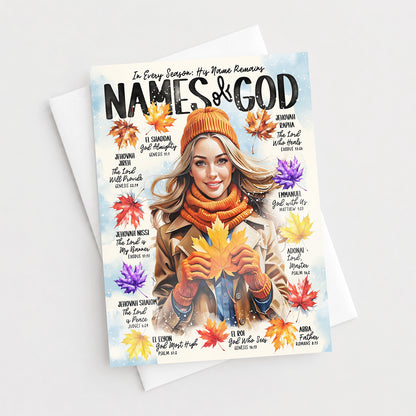 Names of God with Fall Leave • Fall • Scripture Prompt • Fine Art Christian Greeting Card