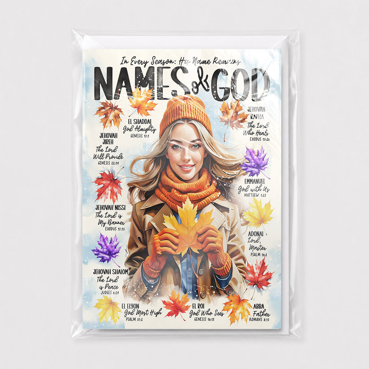 Names of God with Fall Leave • Fall • Scripture Prompt • Fine Art Christian Greeting Card