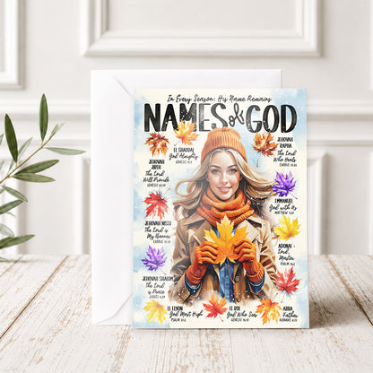 Names of God with Fall Leave • Fall • Scripture Prompt • Fine Art Christian Greeting Card