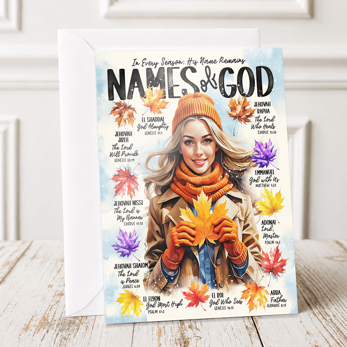 Names of God with Fall Leave • Fall • Scripture Prompt • Fine Art Christian Greeting Card