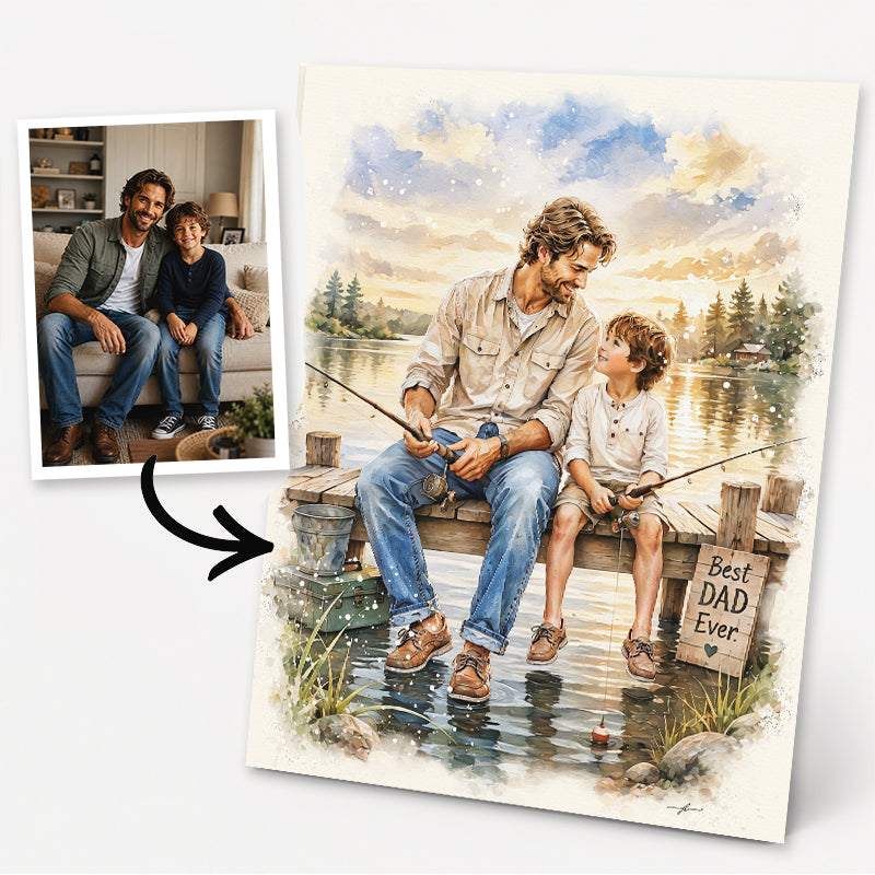 Custom Art,  Father's Day Fishing Portrait, Christian, Framed Giclée Art Print