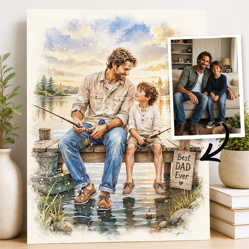 Custom Art,  Father's Day Fishing Portrait, Christian, Framed Giclée Art Print