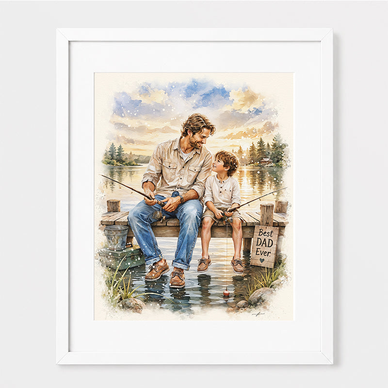Custom Art,  Father's Day Fishing Portrait, Christian, Framed Giclée Art Print