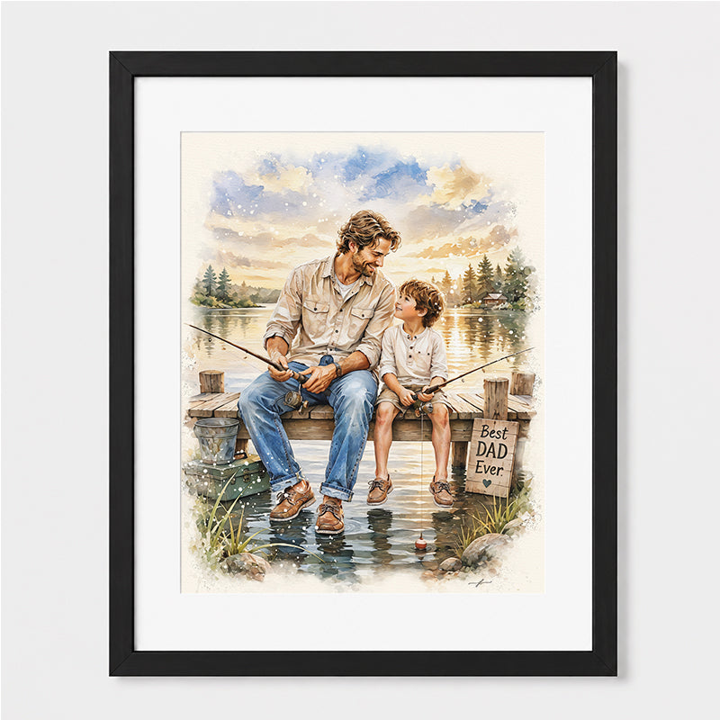 Custom Art,  Father's Day Fishing Portrait, Christian, Framed Giclée Art Print