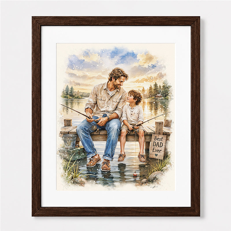 Custom Art,  Father's Day Fishing Portrait, Christian, Framed Giclée Art Print