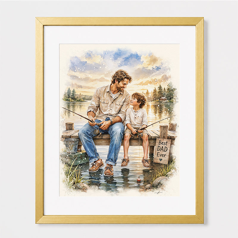 Custom Art,  Father's Day Fishing Portrait, Christian, Framed Giclée Art Print