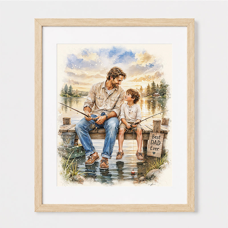 Custom Art,  Father's Day Fishing Portrait, Christian, Framed Giclée Art Print